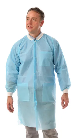 (100/Case) Valumax Blue 3-Layer SMS Lab Coats | Knee Length, 3 Pockets, Snap, Knit Cuffs and Collar