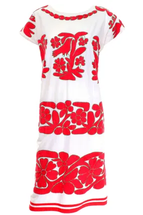 1960s Vintage White Cotton Dress w Hand Embroidered Red Birds & Flowers