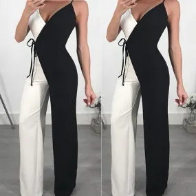 Autumn Women Long Jumpsuits Sleeveless Black White Patckwork OL Pants Polyester Sexy Ladies Loose Bodysuit ropa mujer Feminino