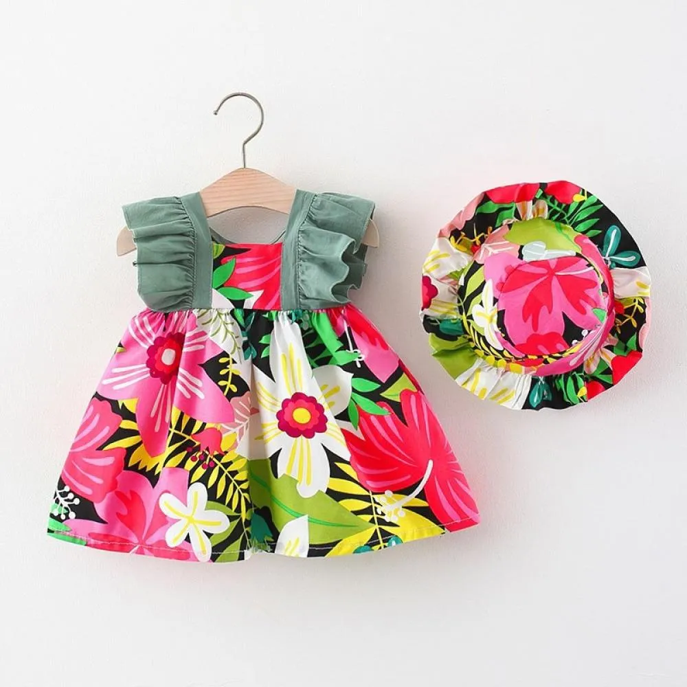 Baby Girls Summer Dress Backless Flower Printed With Hat Wholesale Little Girl Dresses