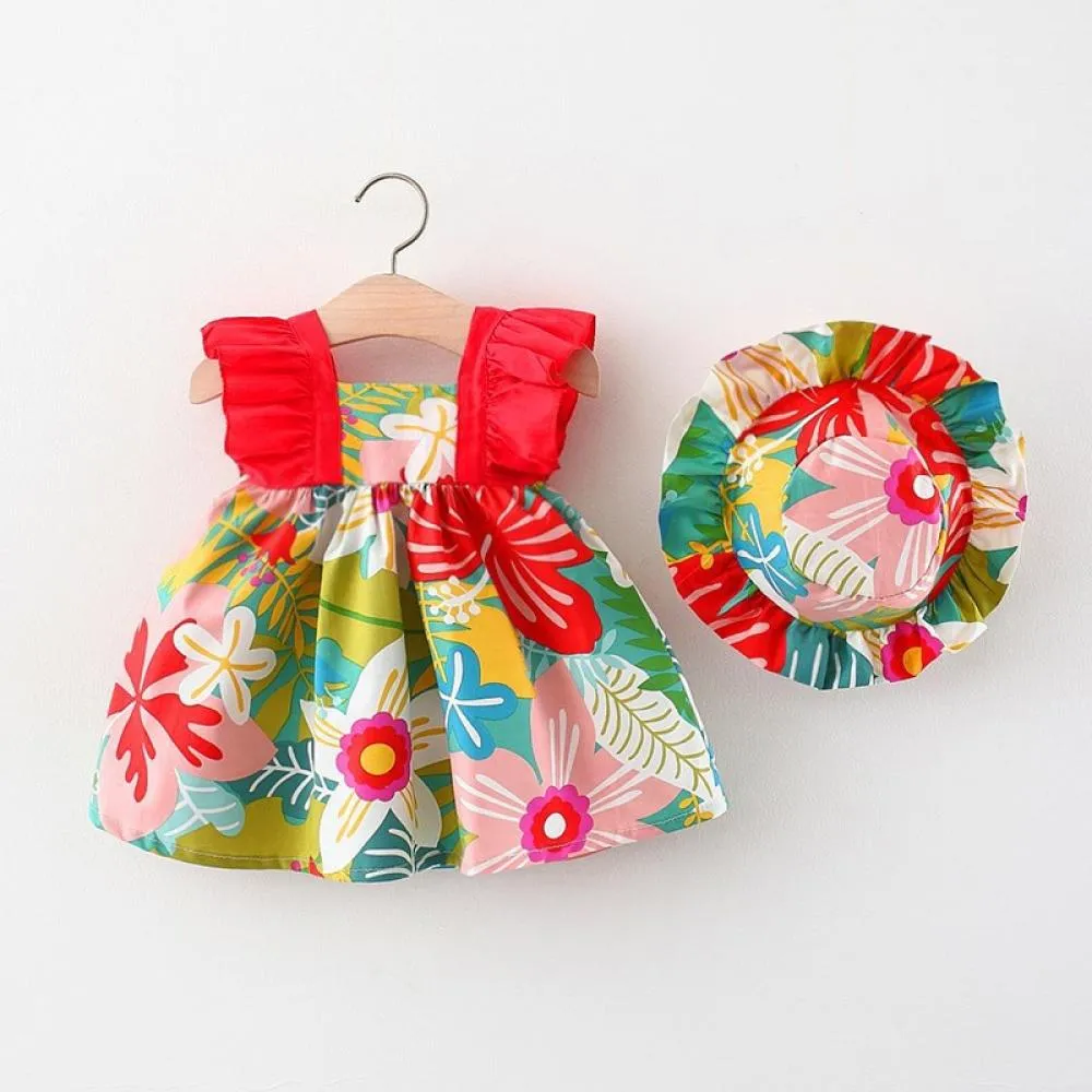 Baby Girls Summer Dress Backless Flower Printed With Hat Wholesale Little Girl Dresses