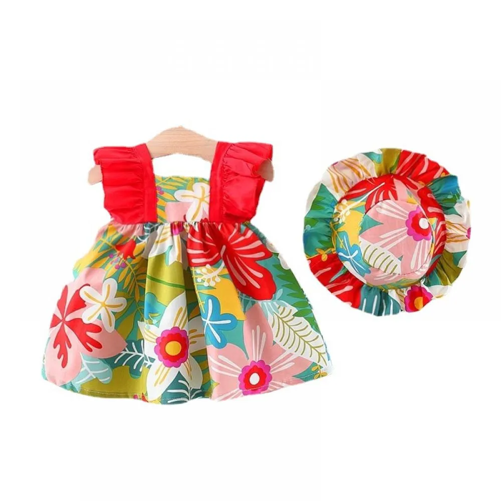 Baby Girls Summer Dress Backless Flower Printed With Hat Wholesale Little Girl Dresses