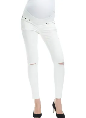 Base Distressed Crop Maternity Denim - White