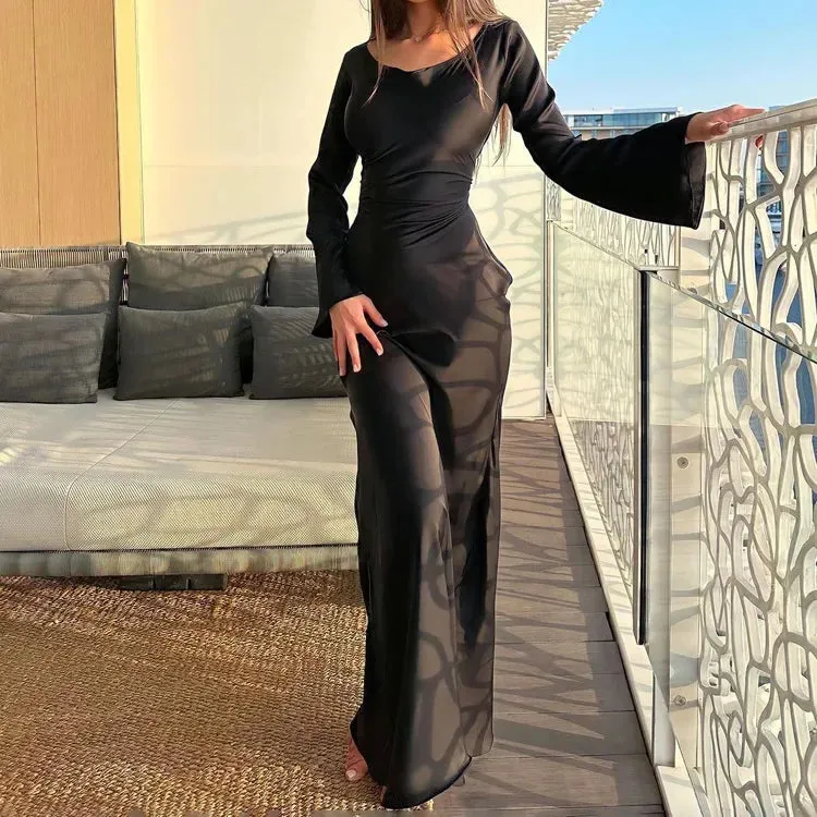 Black Satin Bandage Maxi Dress Women Slin High Waist Fashion Patchwork Elegant Long Sleeve Dress Ladies Gown Long Dress