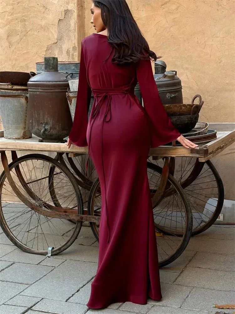 Black Satin Bandage Maxi Dress Women Slin High Waist Fashion Patchwork Elegant Long Sleeve Dress Ladies Gown Long Dress