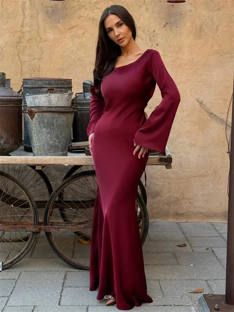 Black Satin Bandage Maxi Dress Women Slin High Waist Fashion Patchwork Elegant Long Sleeve Dress Ladies Gown Long Dress