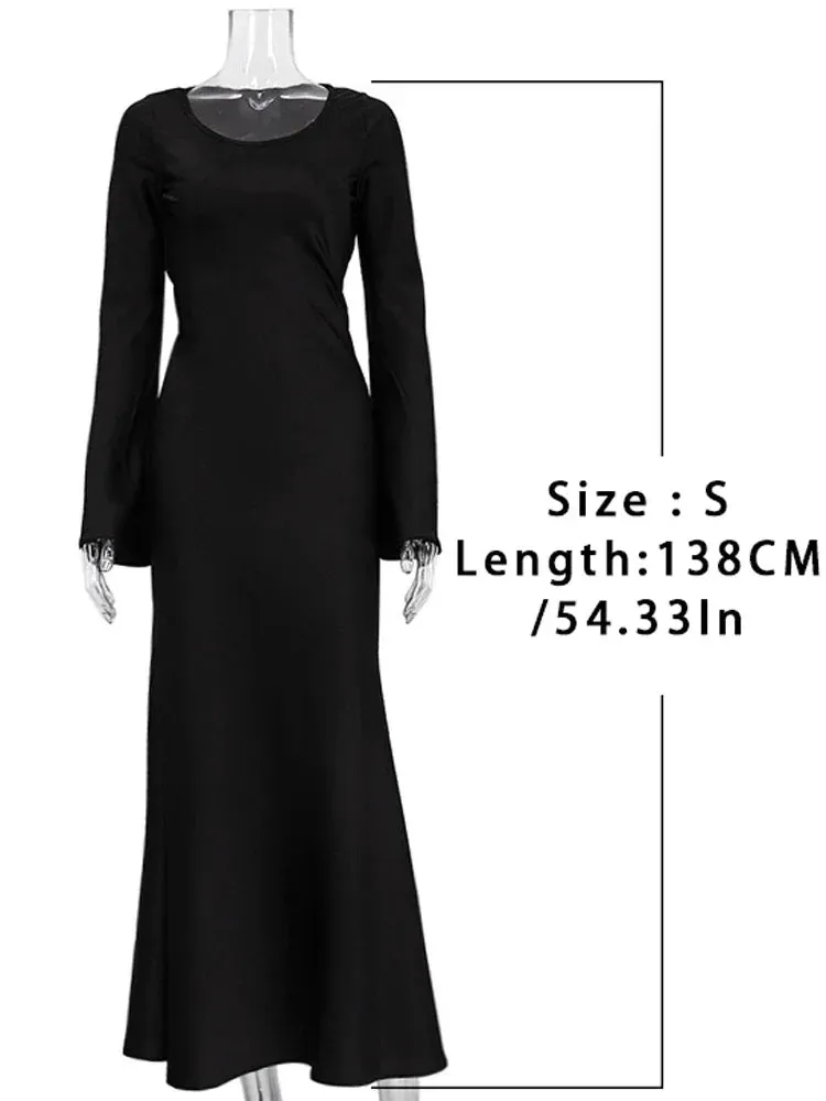 Black Satin Bandage Maxi Dress Women Slin High Waist Fashion Patchwork Elegant Long Sleeve Dress Ladies Gown Long Dress