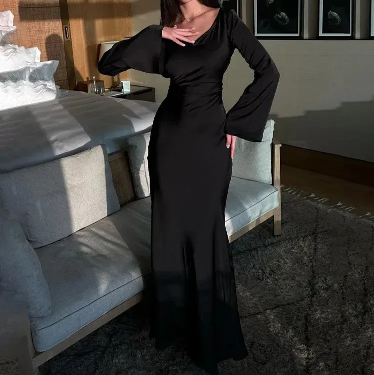 Black Satin Bandage Maxi Dress Women Slin High Waist Fashion Patchwork Elegant Long Sleeve Dress Ladies Gown Long Dress