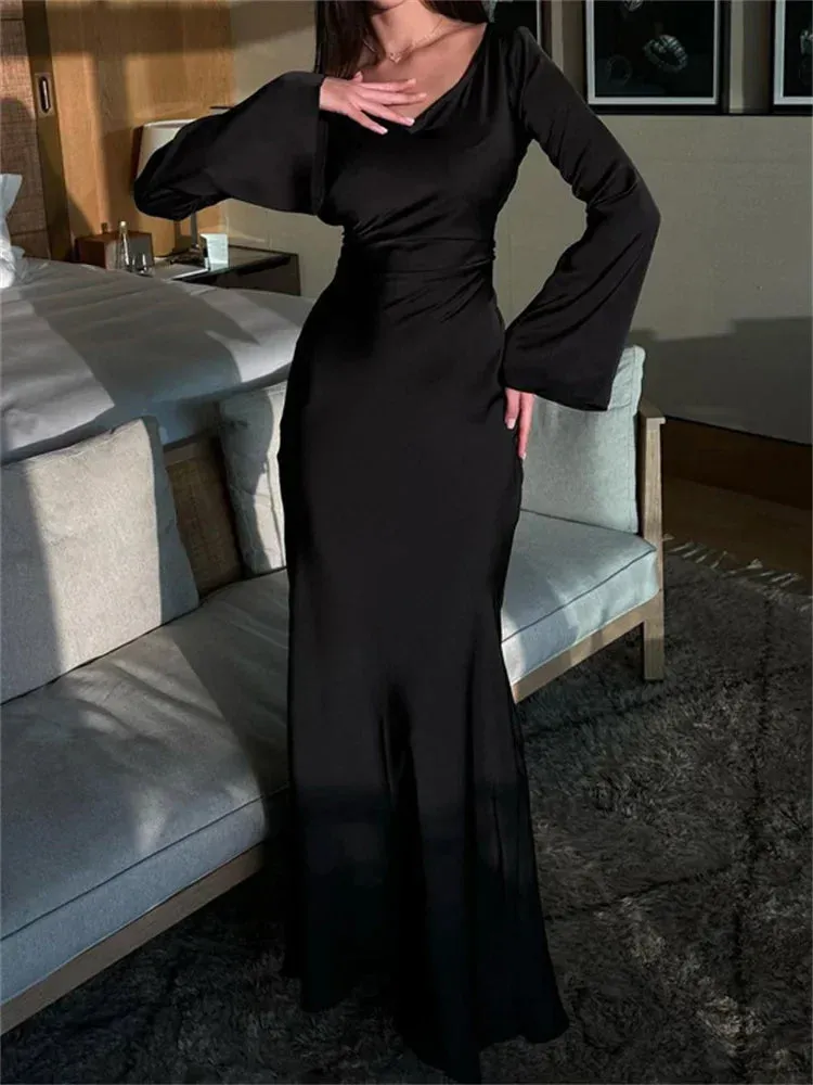 Black Satin Bandage Maxi Dress Women Slin High Waist Fashion Patchwork Elegant Long Sleeve Dress Ladies Gown Long Dress