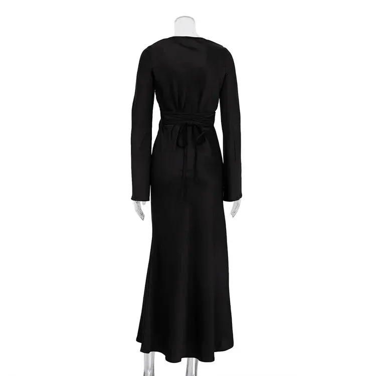 Black Satin Bandage Maxi Dress Women Slin High Waist Fashion Patchwork Elegant Long Sleeve Dress Ladies Gown Long Dress