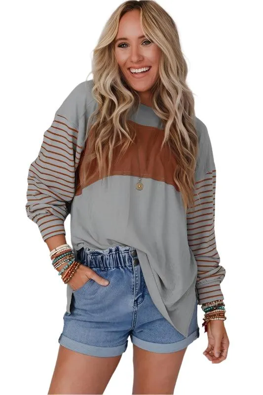 Color Block Stripe Lantern Sleeve Side Slit Tunic