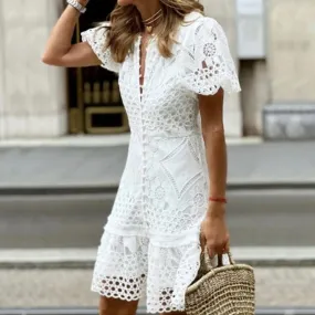 Elegant Puff Sleeve O Neck Button Mini Dress