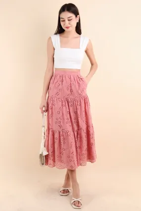 ELYSSA EYELET MIDAXI TIER SKIRT IN ROSE PINK