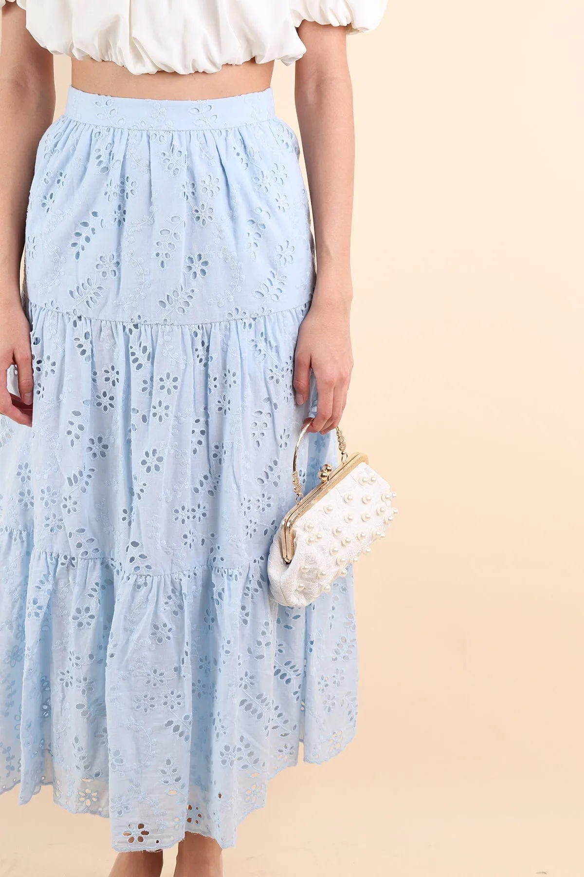 ELYSSA EYELET MIDAXI TIER SKIRT IN SKY