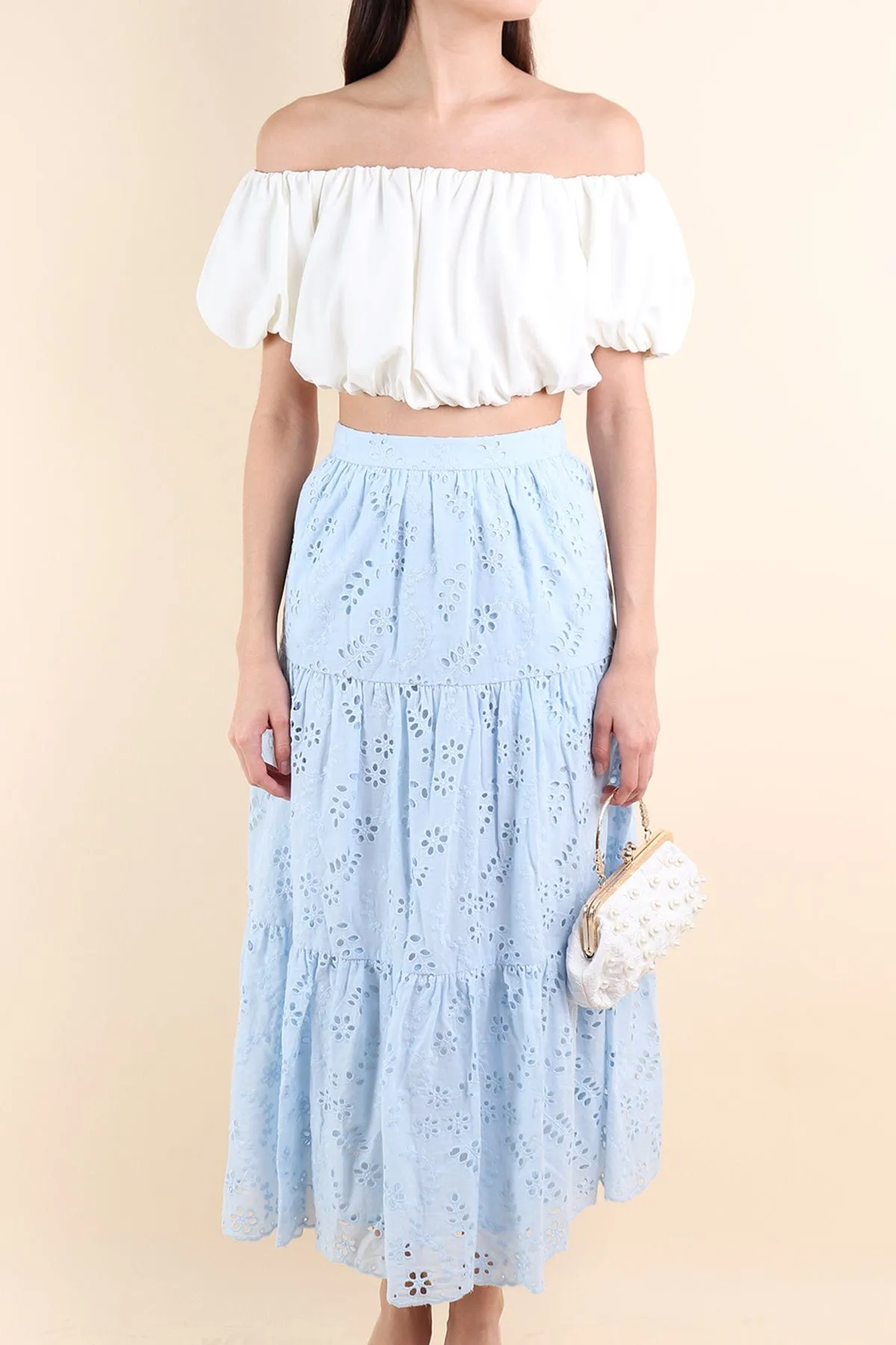 ELYSSA EYELET MIDAXI TIER SKIRT IN SKY