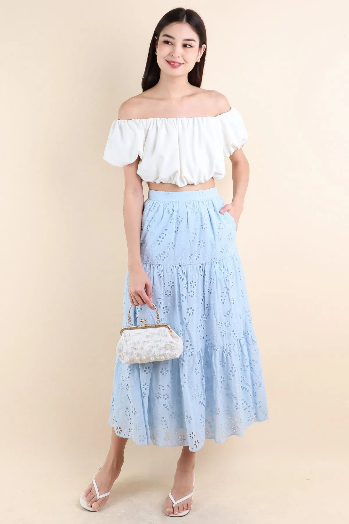 ELYSSA EYELET MIDAXI TIER SKIRT IN SKY