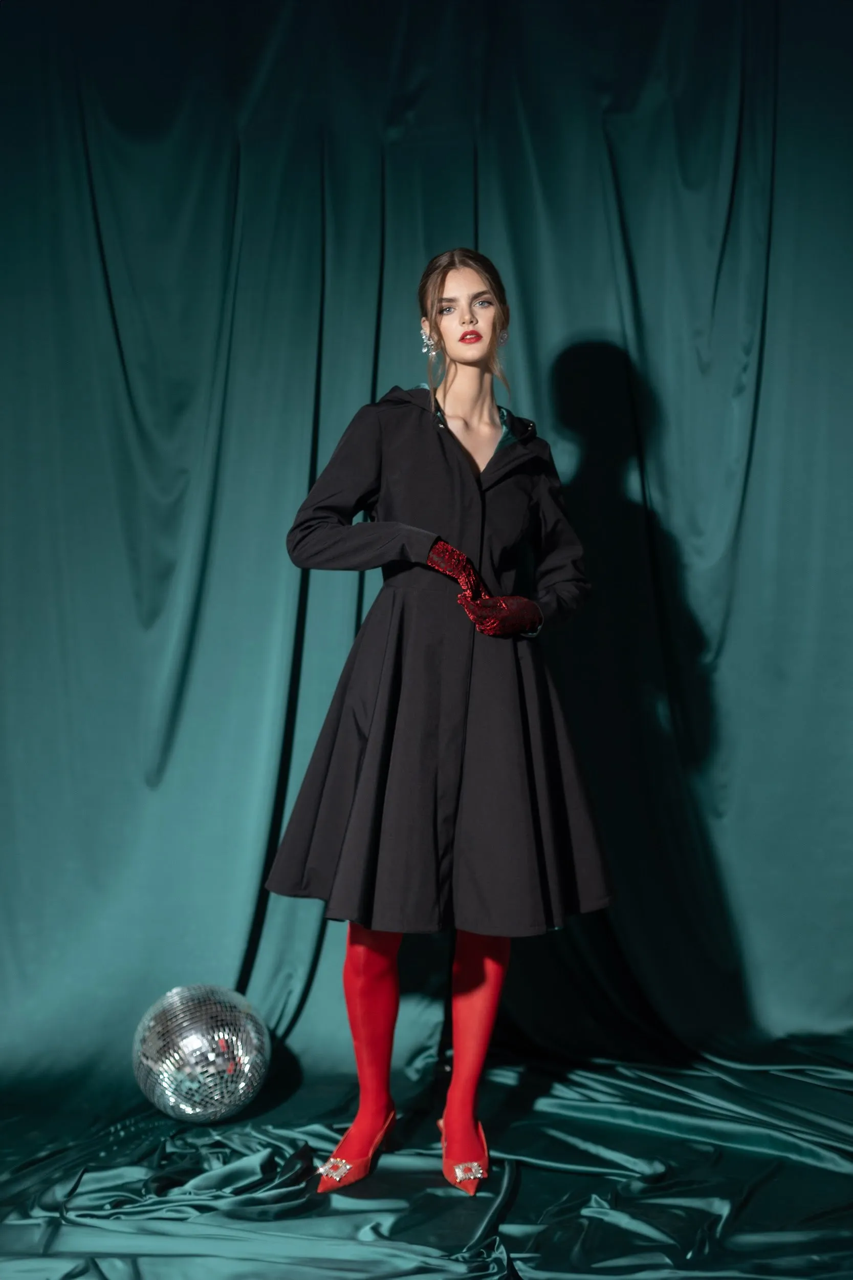 Fitted and Flared Coat with Full Circle Skirt in Black with Emerald Green | 'Deep Emerald'