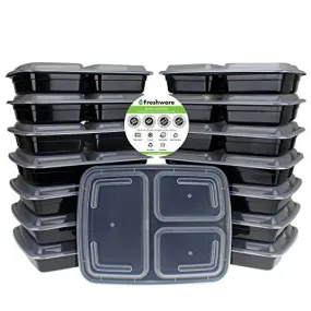 FRESHWARE 15-PACK 3 COMPARTMENT BENTO LUNCH BOXES WITH LIDS - STACKABLE, REUSABLE, MICROWAVE, DISHWASHER & FREEZER SAFE - MEAL PREP, PORTION CONTROL, 21 DAY FIX & FOOD STORAGE CONTAINERS (32OZ)