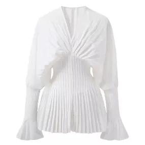 Getadme Elegant Women Loose White V-Neck Pleated Shirts Female Lantern Full Sleeve Tops Blouses Casual Blusas Spring Autumn