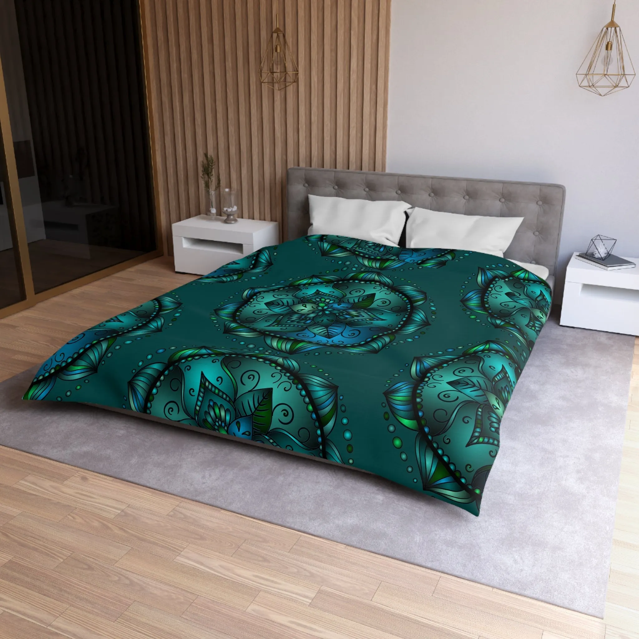 Handmade Mandala Art Microfiber Duvet Cover - Green Design