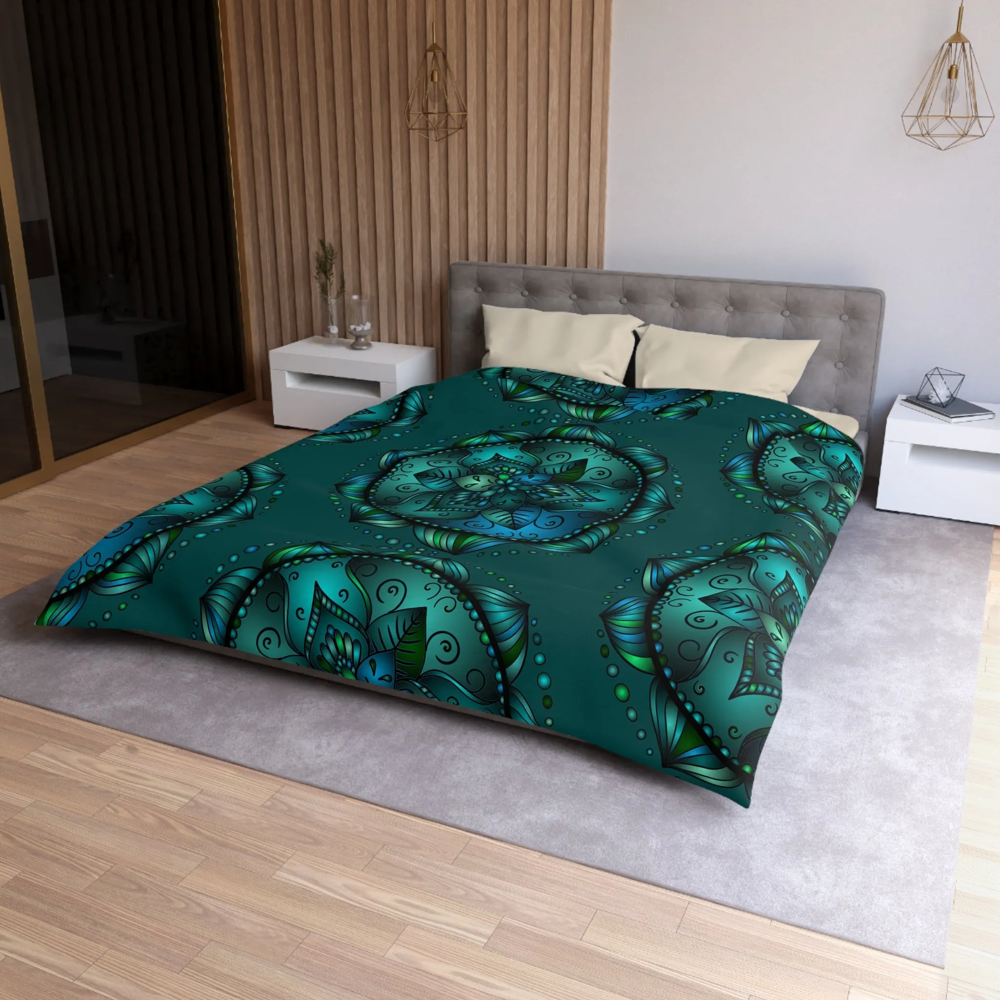 Handmade Mandala Art Microfiber Duvet Cover - Green Design