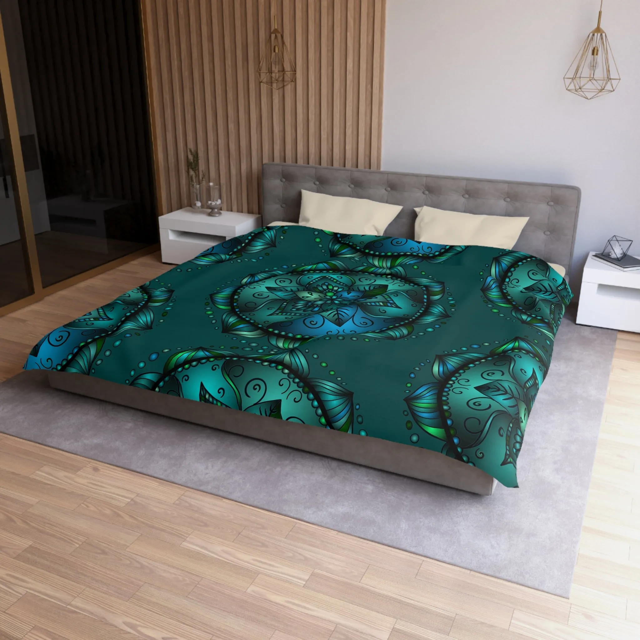 Handmade Mandala Art Microfiber Duvet Cover - Green Design