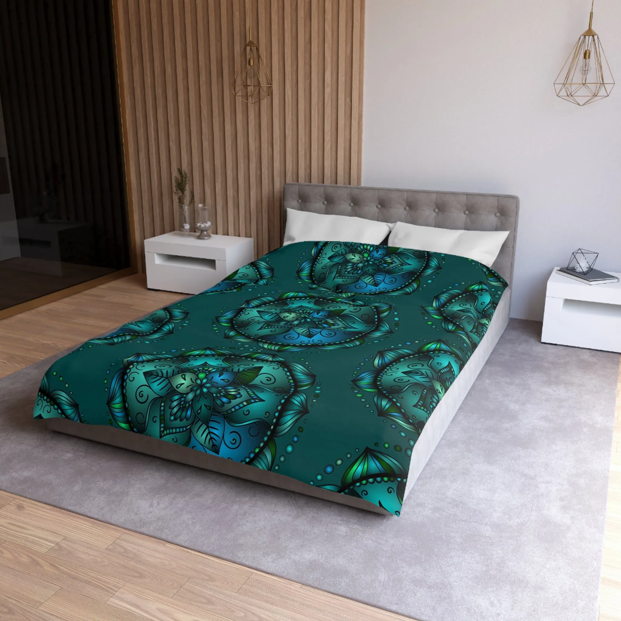 Handmade Mandala Art Microfiber Duvet Cover - Green Design