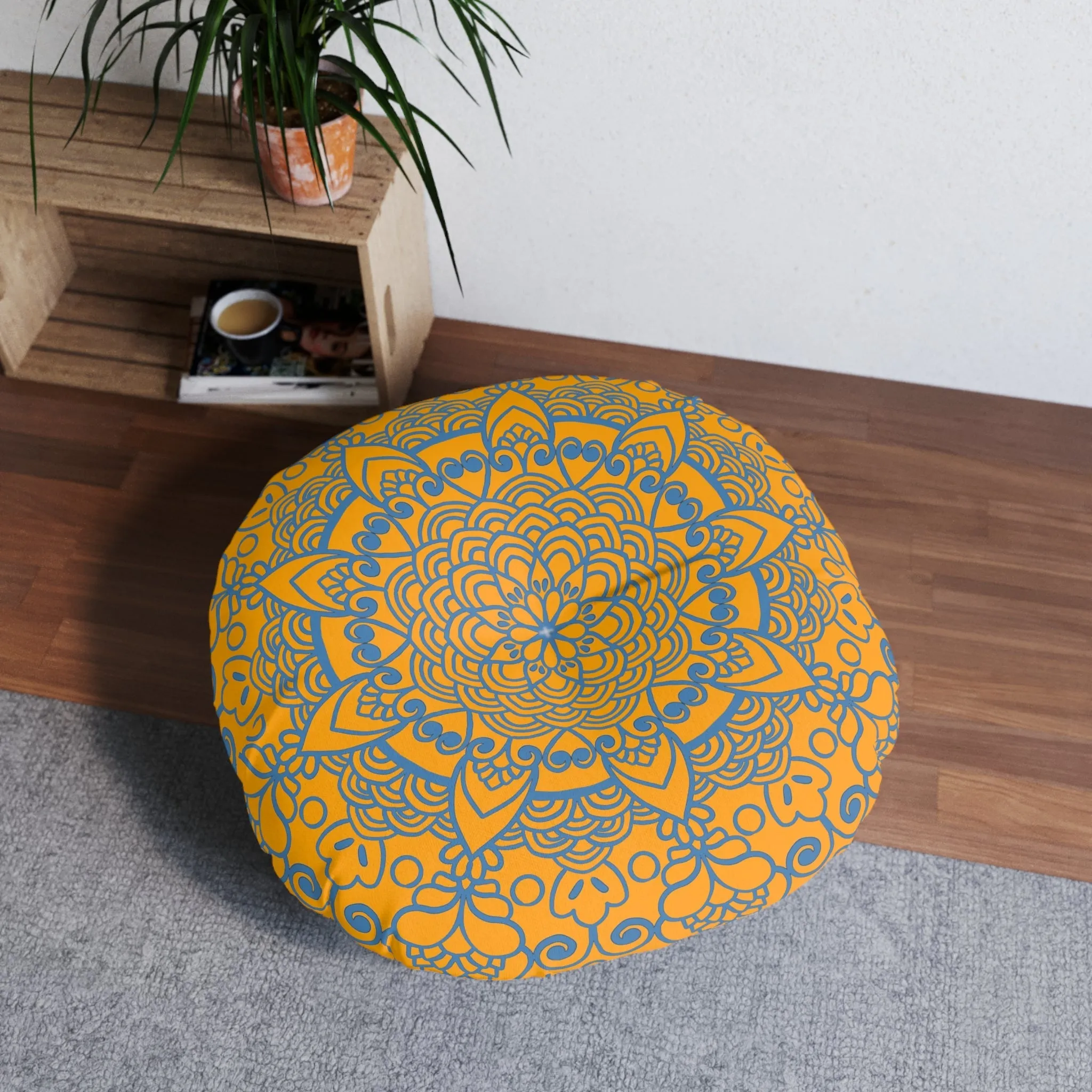 Handmade Mandala Art Tufted Floor Pillow - Steel Blue on Orange - Round