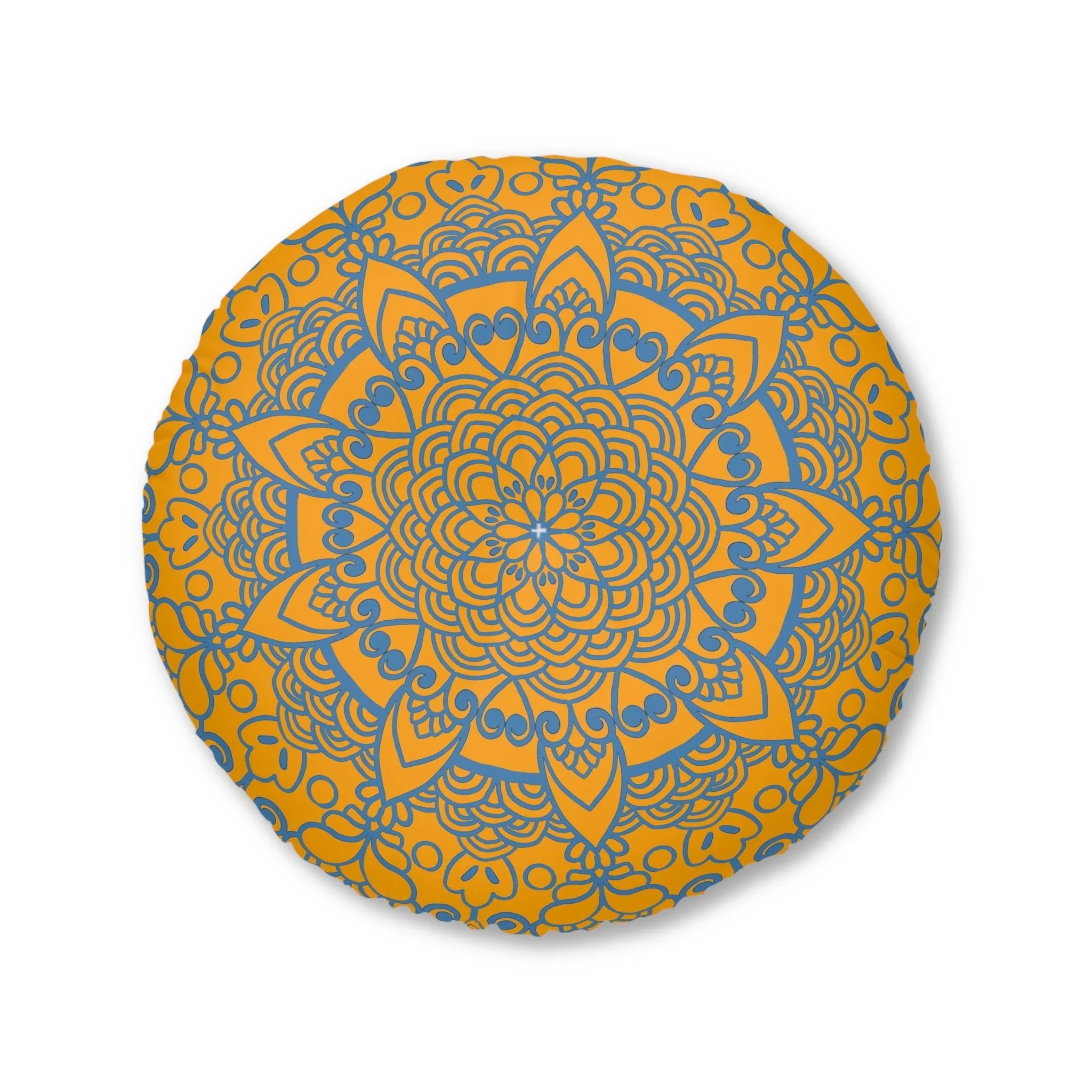 Handmade Mandala Art Tufted Floor Pillow - Steel Blue on Orange - Round