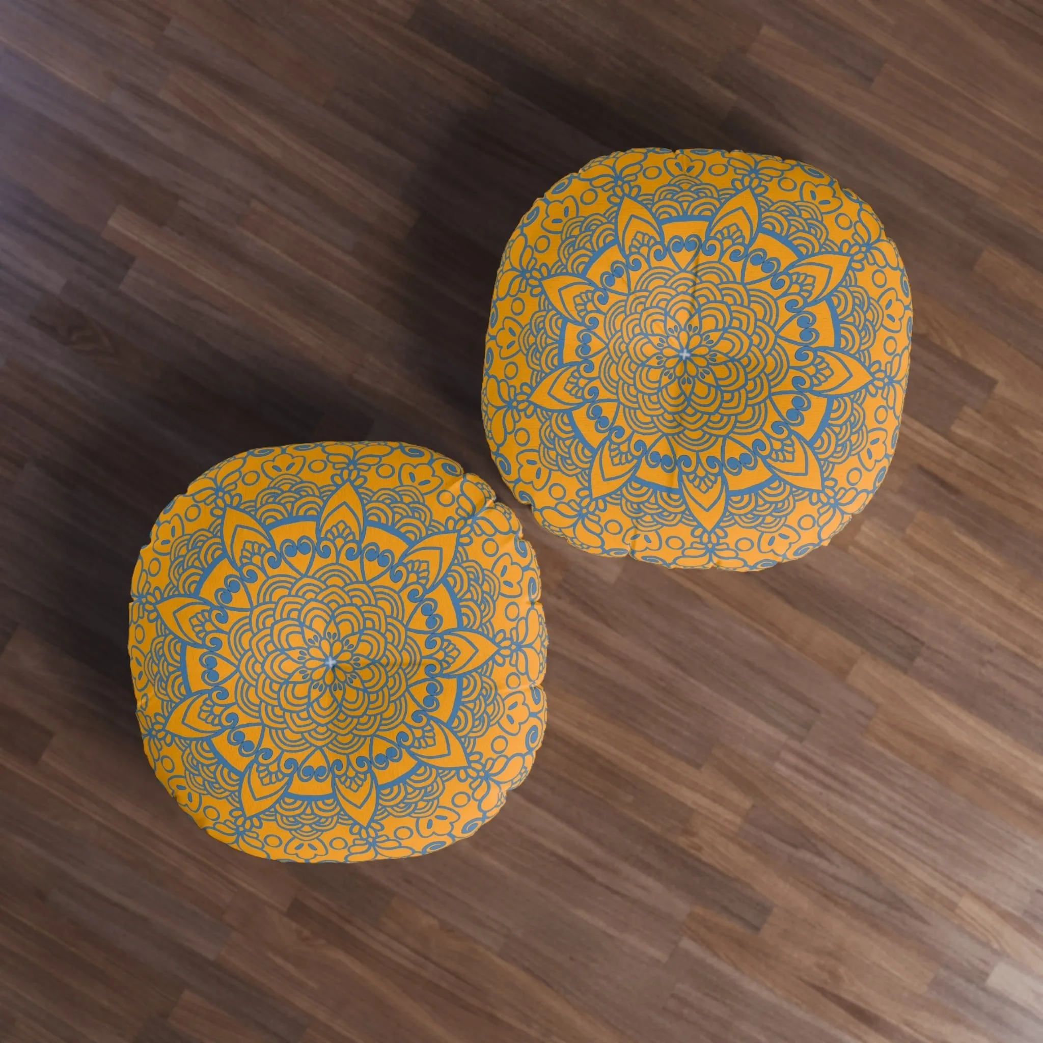 Handmade Mandala Art Tufted Floor Pillow - Steel Blue on Orange - Round