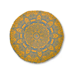 Handmade Mandala Art Tufted Floor Pillow - Steel Blue on Orange - Round