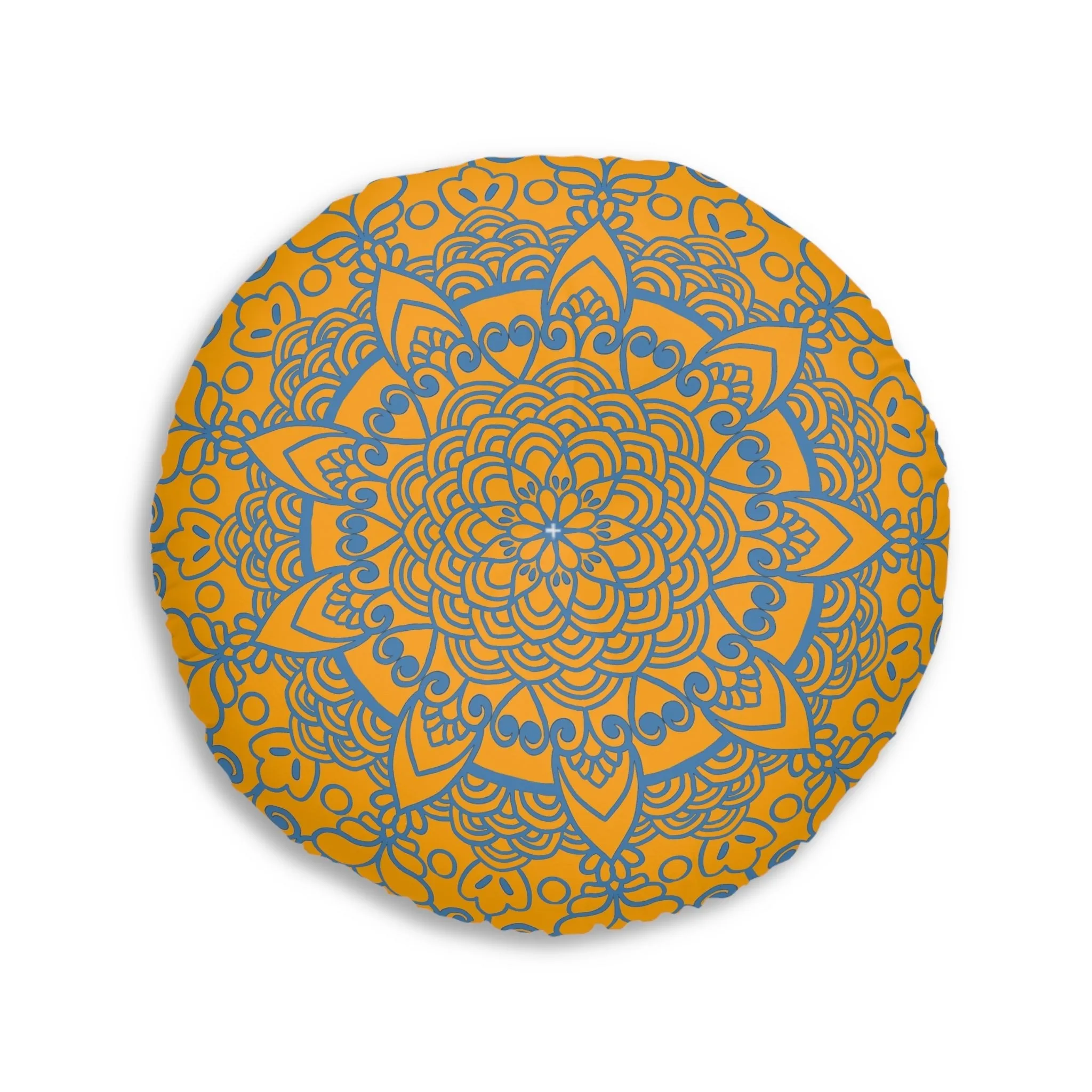 Handmade Mandala Art Tufted Floor Pillow - Steel Blue on Orange - Round