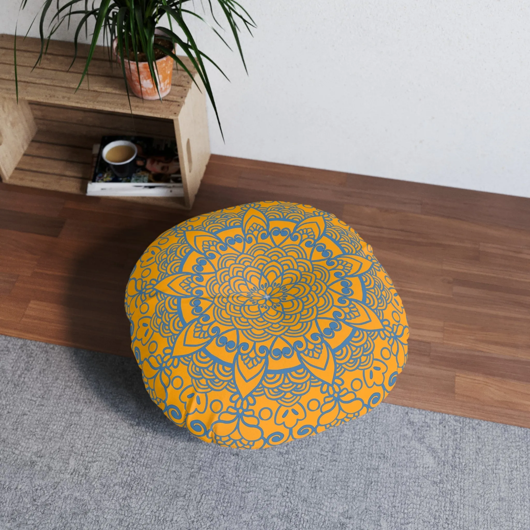 Handmade Mandala Art Tufted Floor Pillow - Steel Blue on Orange - Round