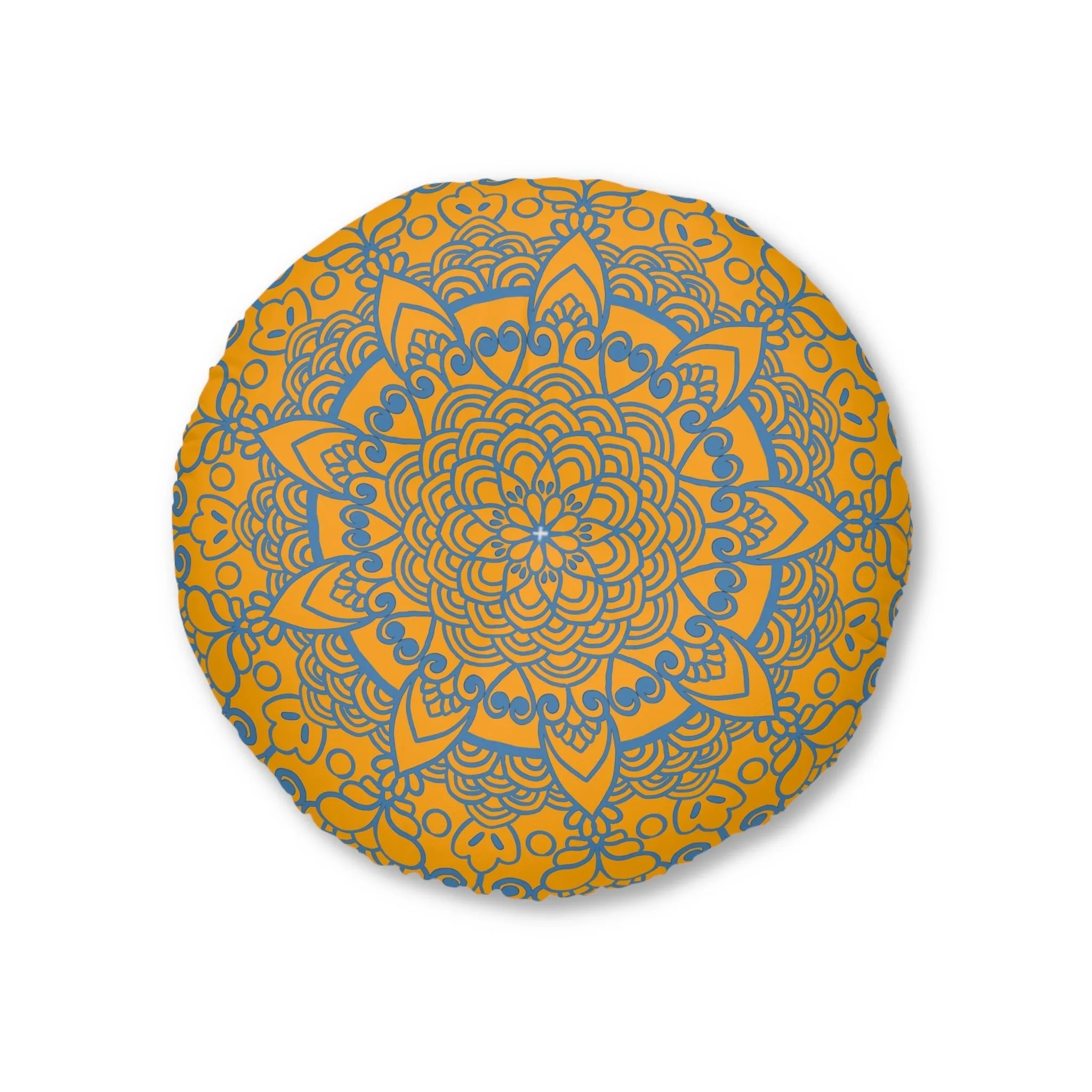 Handmade Mandala Art Tufted Floor Pillow - Steel Blue on Orange - Round