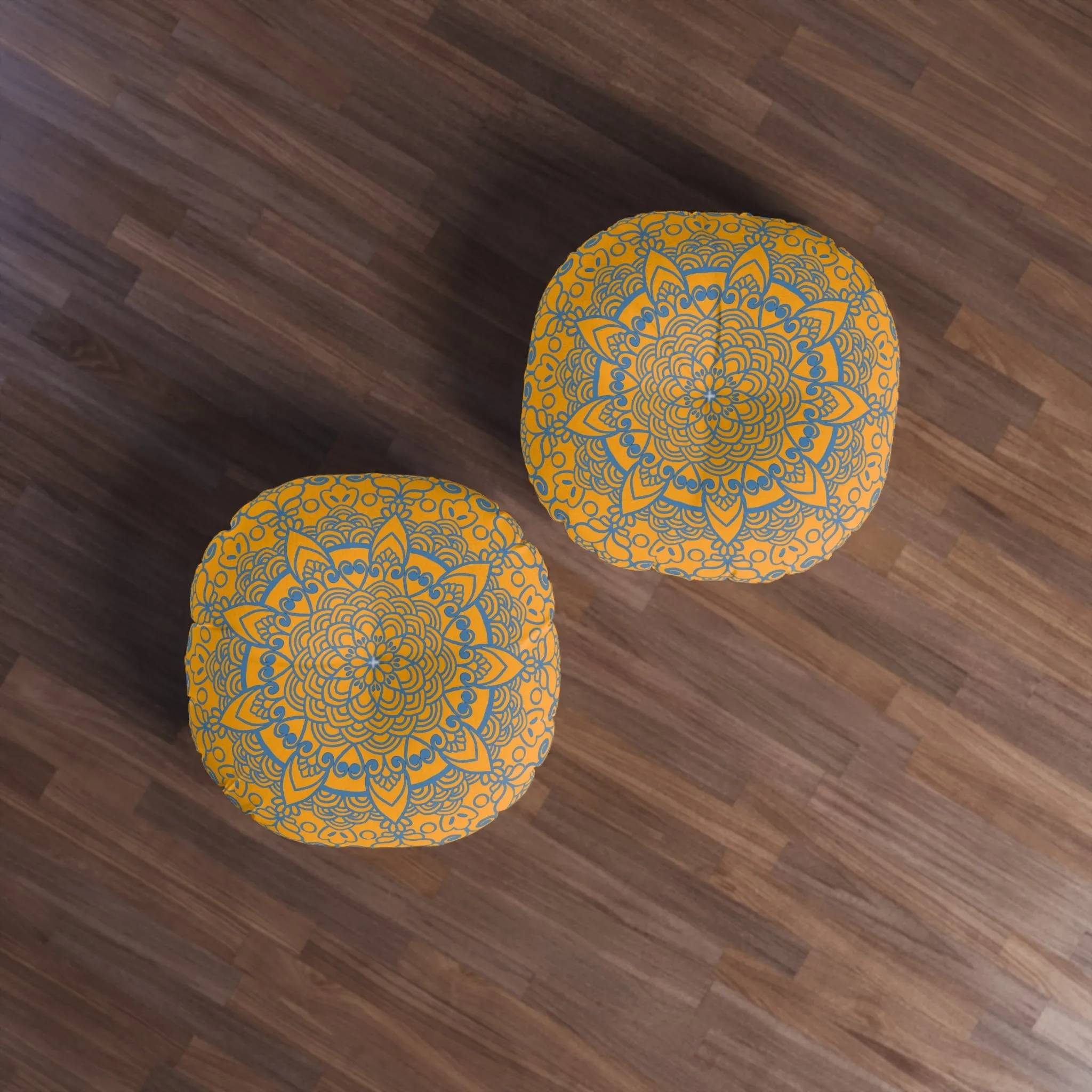 Handmade Mandala Art Tufted Floor Pillow - Steel Blue on Orange - Round