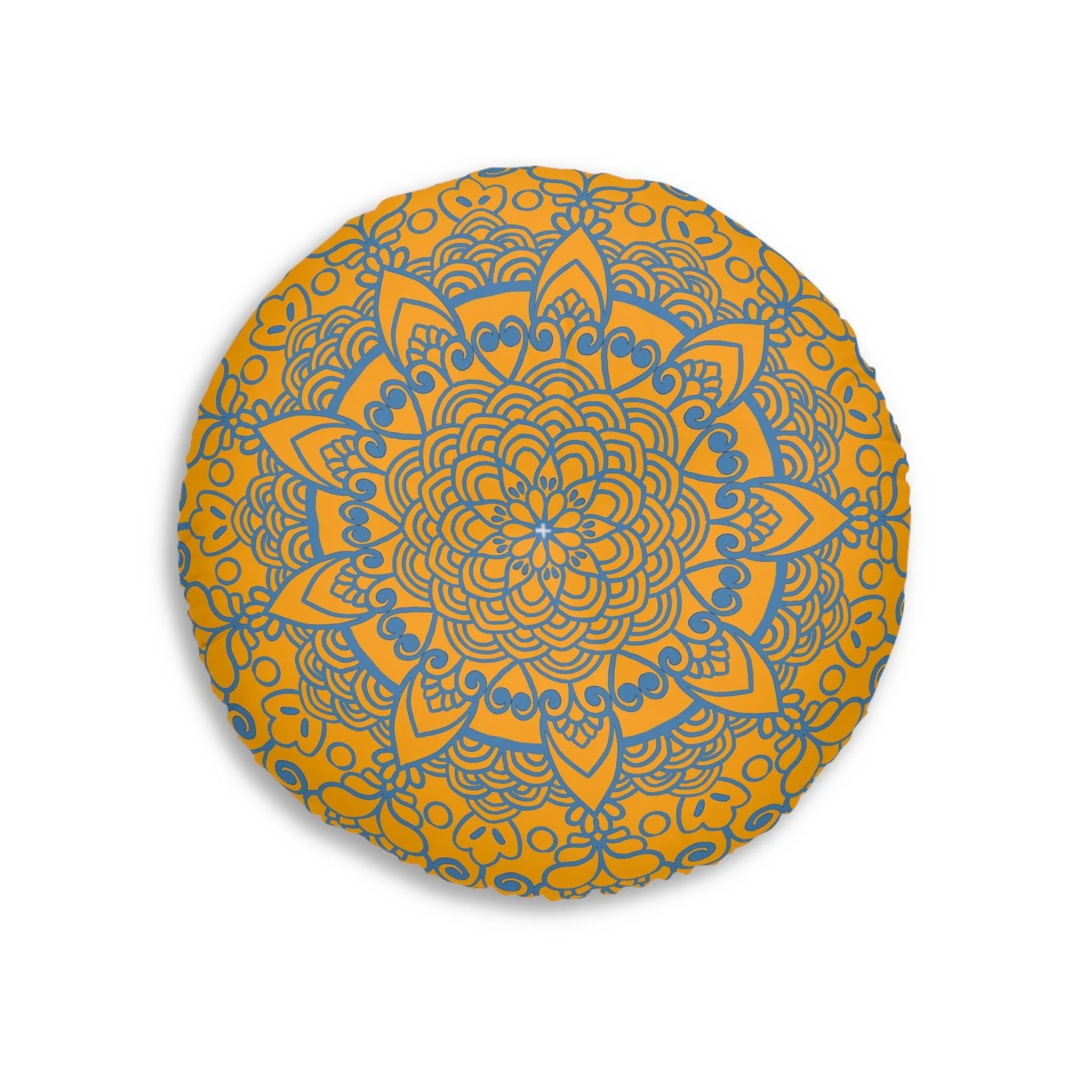 Handmade Mandala Art Tufted Floor Pillow - Steel Blue on Orange - Round