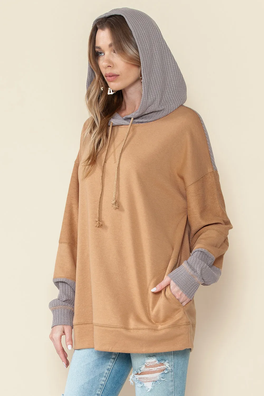 Khaki Gray Colorblock Side Pockets Drawstring Hoodie