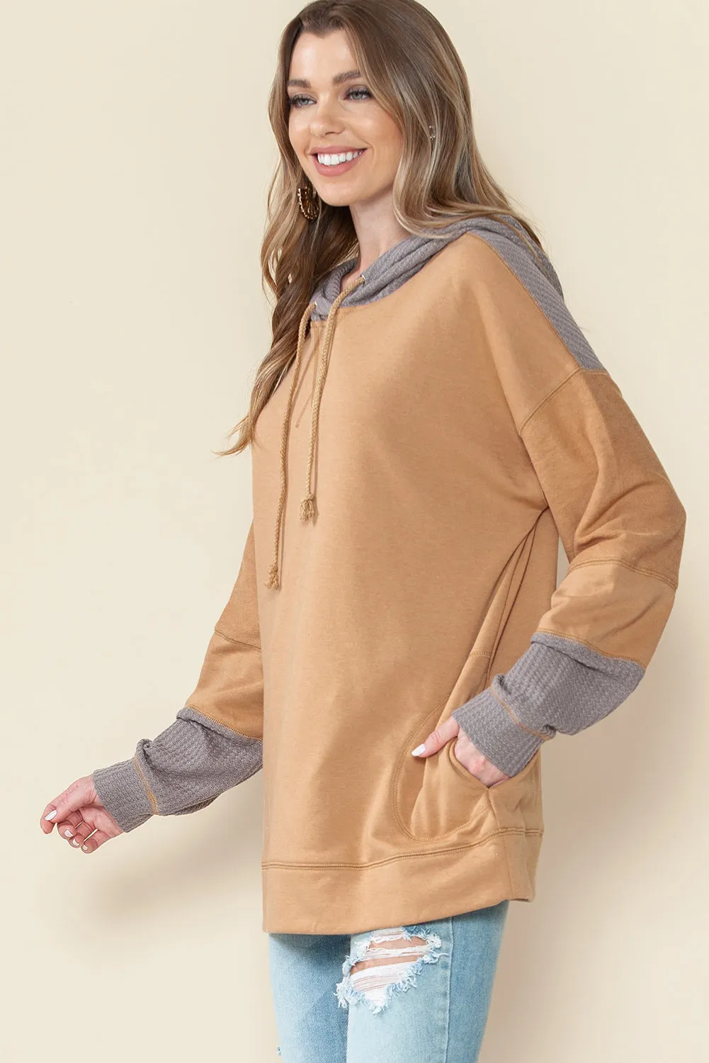 Khaki Gray Colorblock Side Pockets Drawstring Hoodie