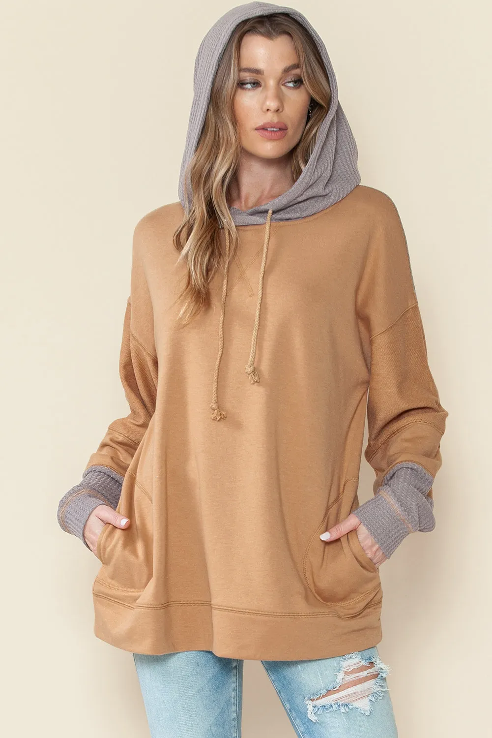 Khaki Gray Colorblock Side Pockets Drawstring Hoodie