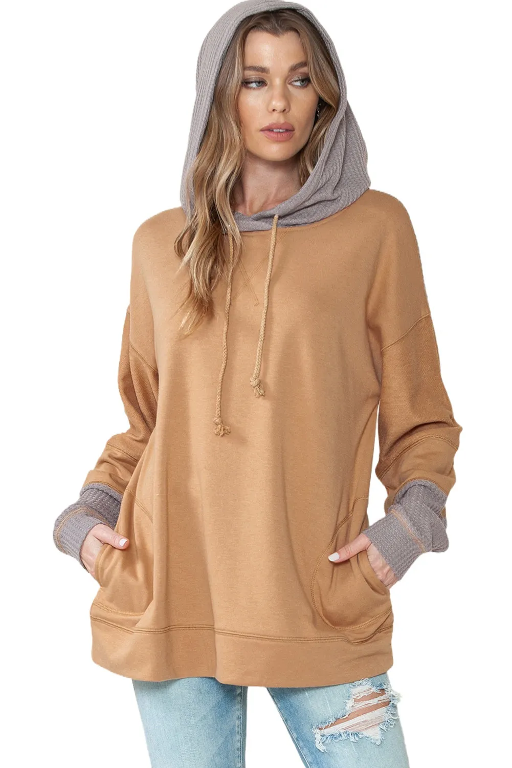 Khaki Gray Colorblock Side Pockets Drawstring Hoodie