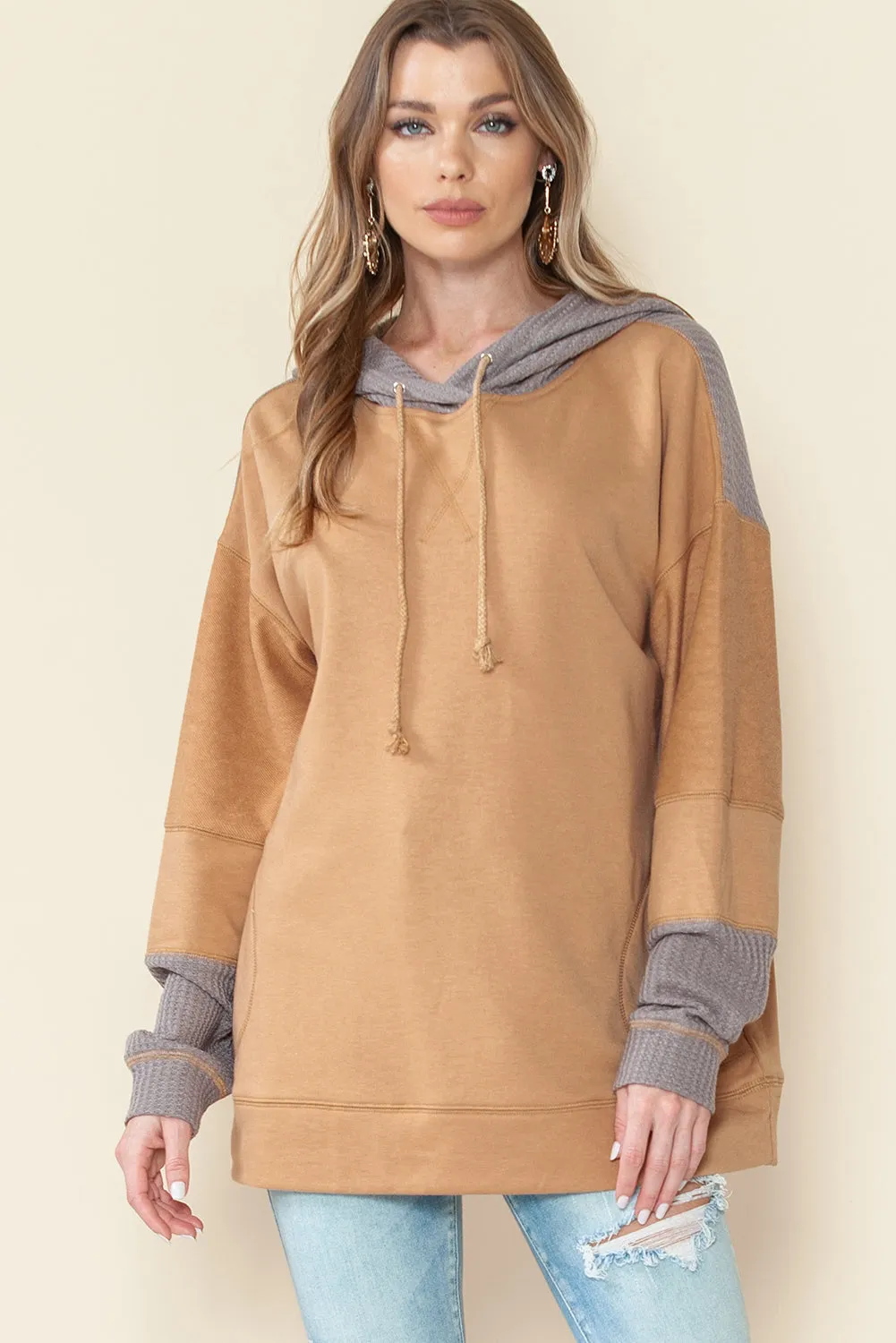 Khaki Gray Colorblock Side Pockets Drawstring Hoodie