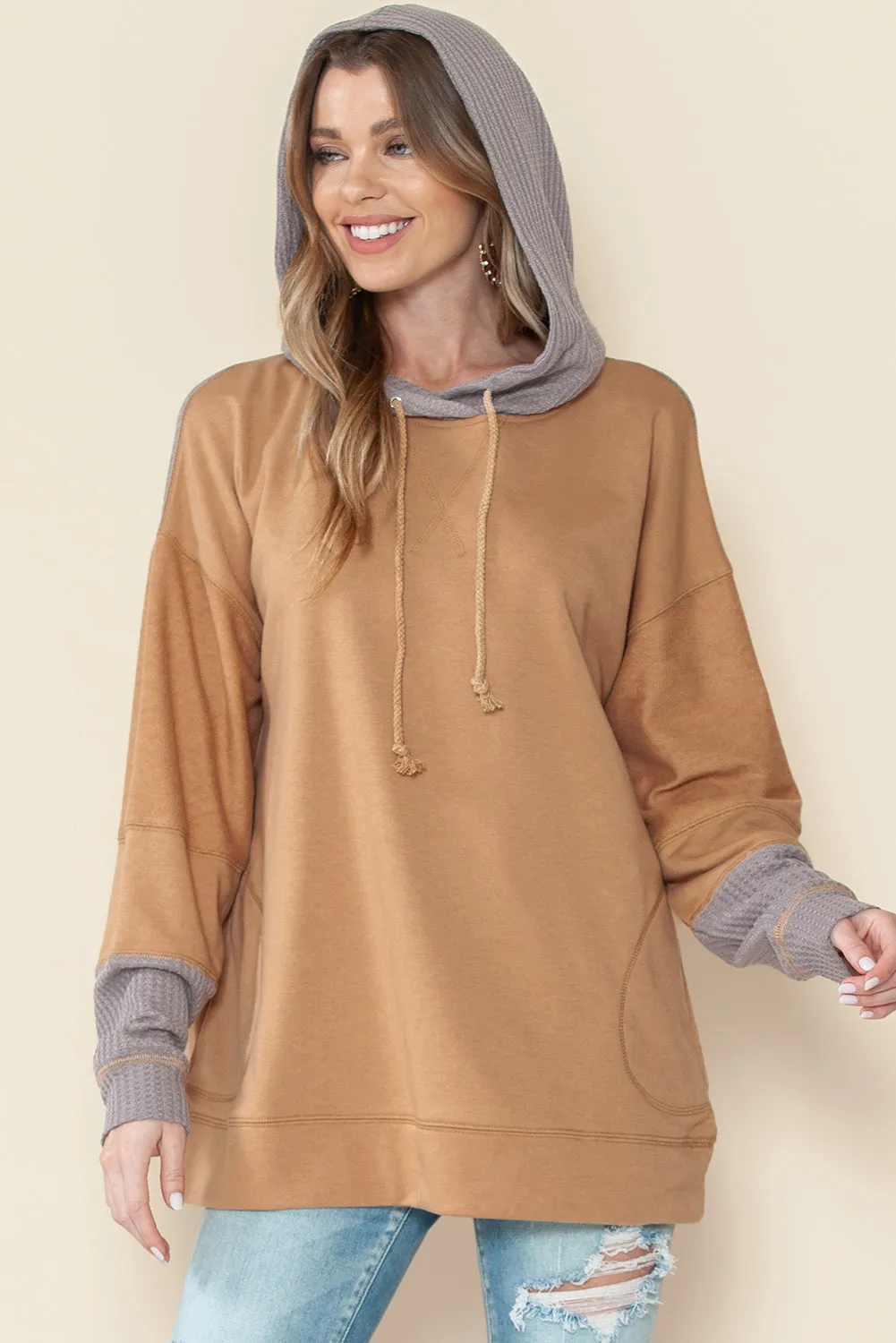 Khaki Gray Colorblock Side Pockets Drawstring Hoodie