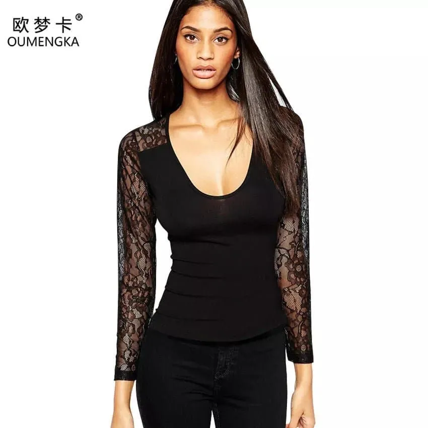 Lace Patchwork O-Neck Shirt with Full Sleeves - Trendy Spring/Summer Top