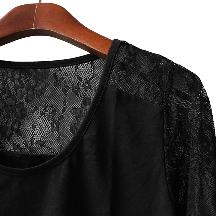 Lace Patchwork O-Neck Shirt with Full Sleeves - Trendy Spring/Summer Top