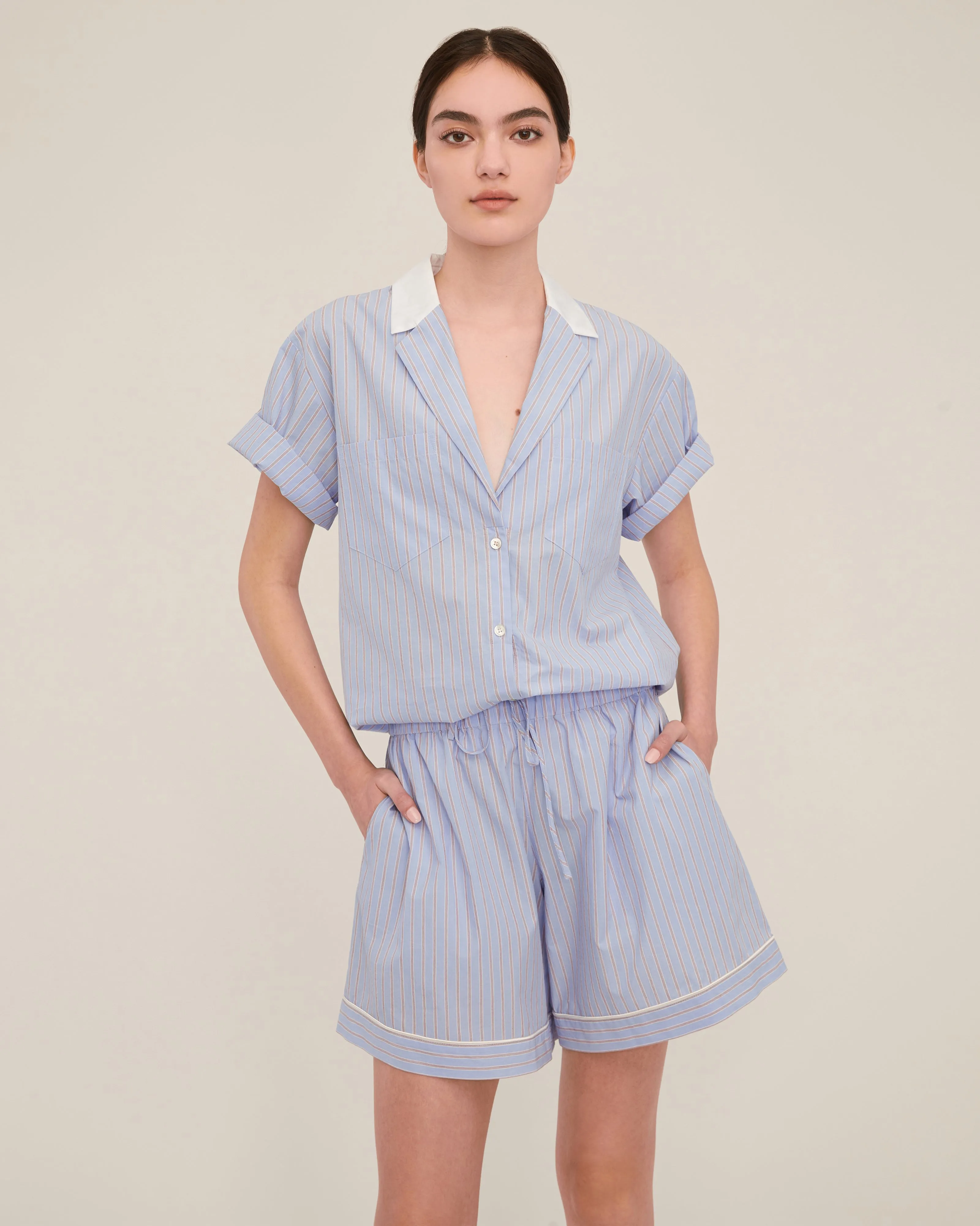 Margo Notch Collar Camp Shirt in Cerulean Edie Stripe White Combo