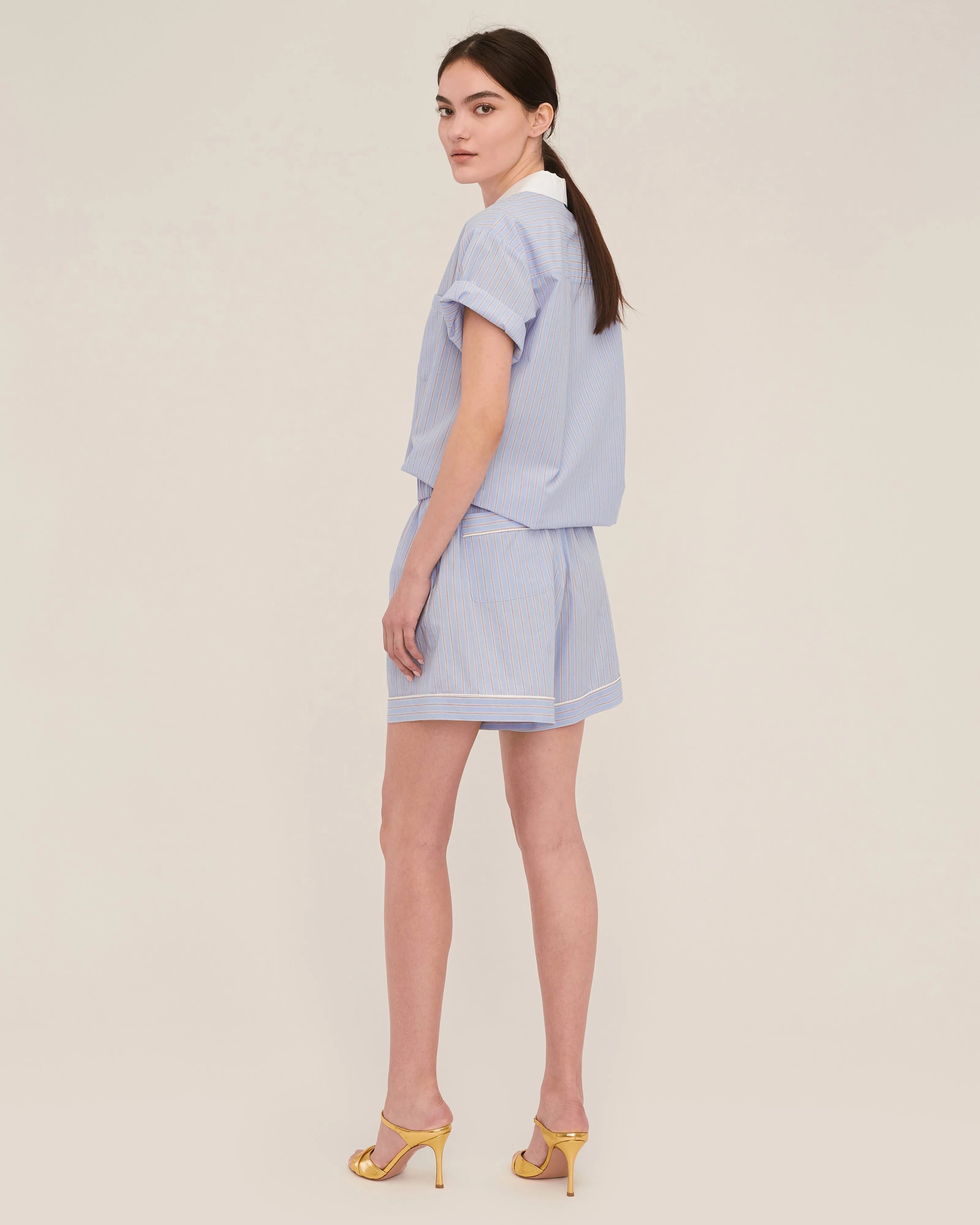 Margo Notch Collar Camp Shirt in Cerulean Edie Stripe White Combo