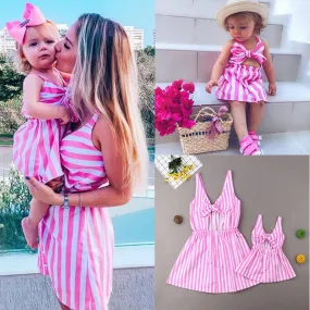 Matching Family Pink Outfit - Striped Dress for Mummy and Baby Daughter