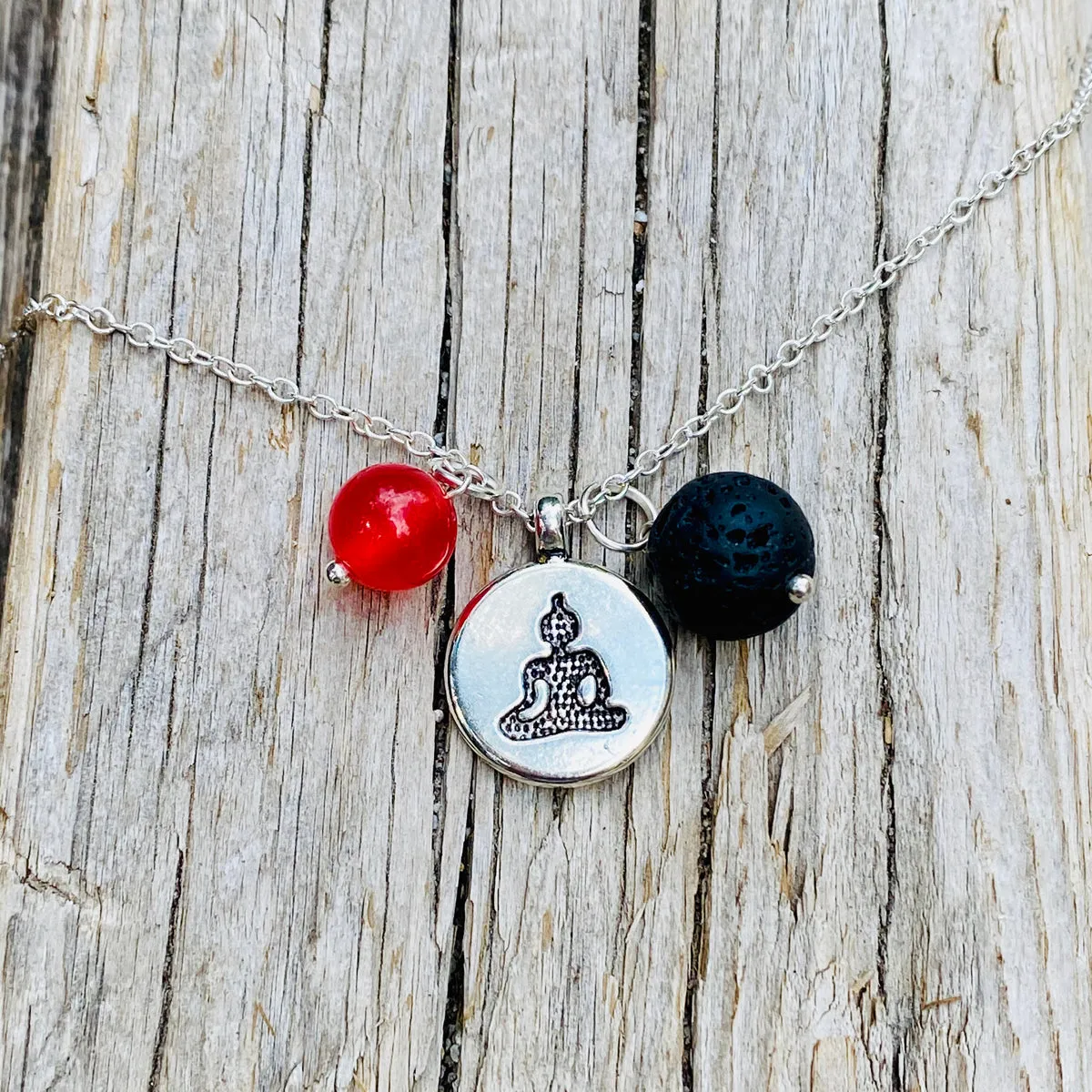 Meditating Yogi Necklace with Lava Stone and Red Jade