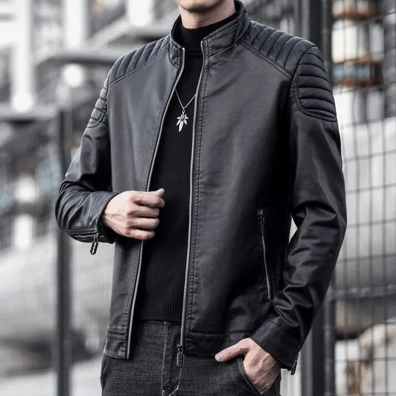 Men's PU Leather Motorcycle Jacket | Stand Collar Casual Windbreaker | Trendy Black and Blue