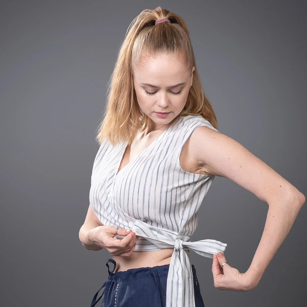 Navy-Stripe Handwoven Cotton Crop Top with Yoga Pant | Athleisure Harem Top with Pant Combo